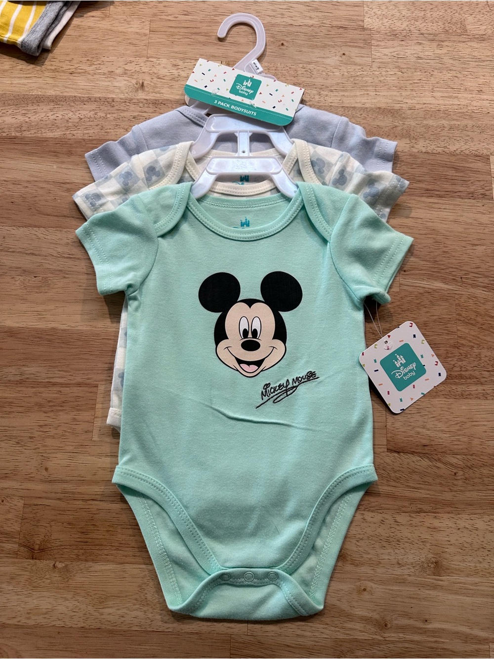 Disney Mint Green Mickey Mouse Short-Sleeve One-Piece Bodysuit - 3 Pack -Sz 9mo